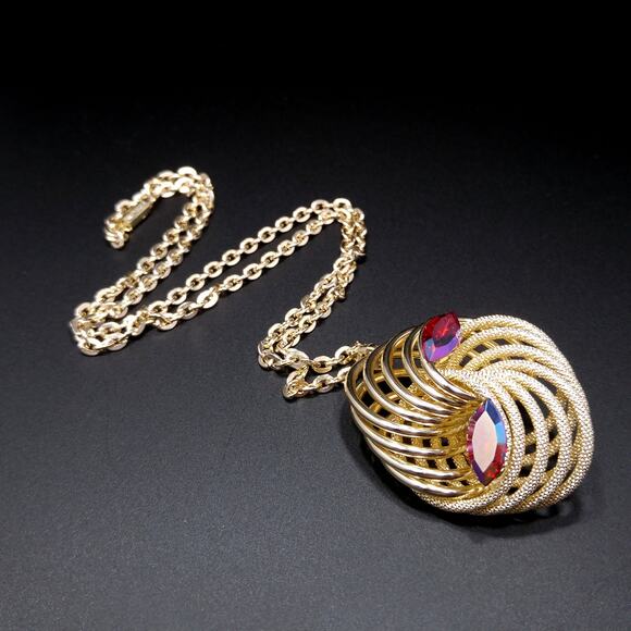Vintage Germany Gold Tone Swirl Pendant Necklace Red AB Rhinestones 1960s - Picture 4 of 10